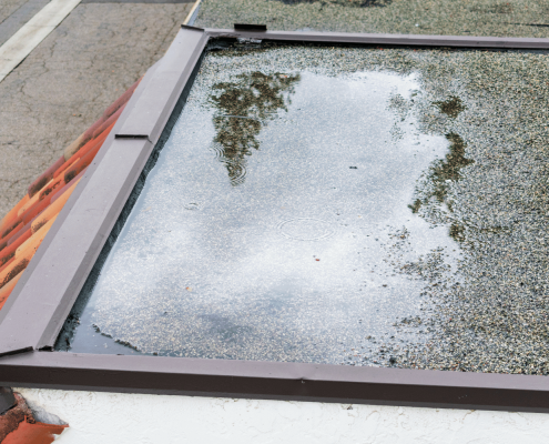 Illustration depicting the concerns of ponding water on flat roofs. 1