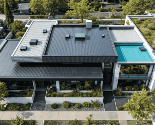 Different types of flat roofing systems displayed on various residential buildings.