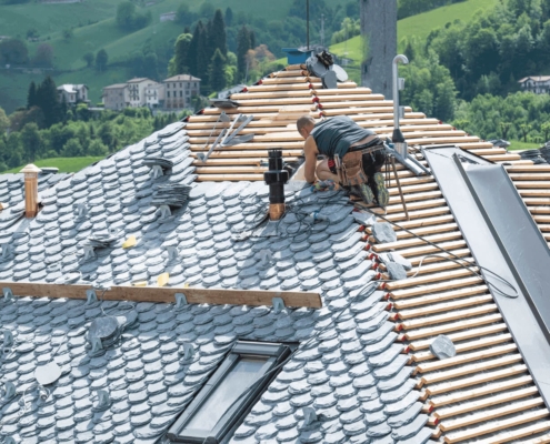 A comparison image showing DIY roof repair vs professional roofing service.