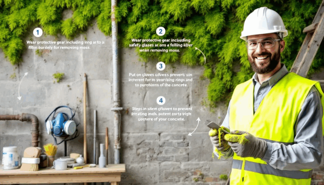 Safety tips professionals use for moss removal, emphasizing protective gear.